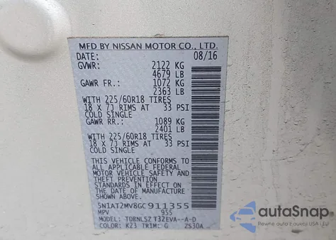 2016 Nissan Rogue Sl from USA, damaged, VIN 5N1AT2MV8GC911355
